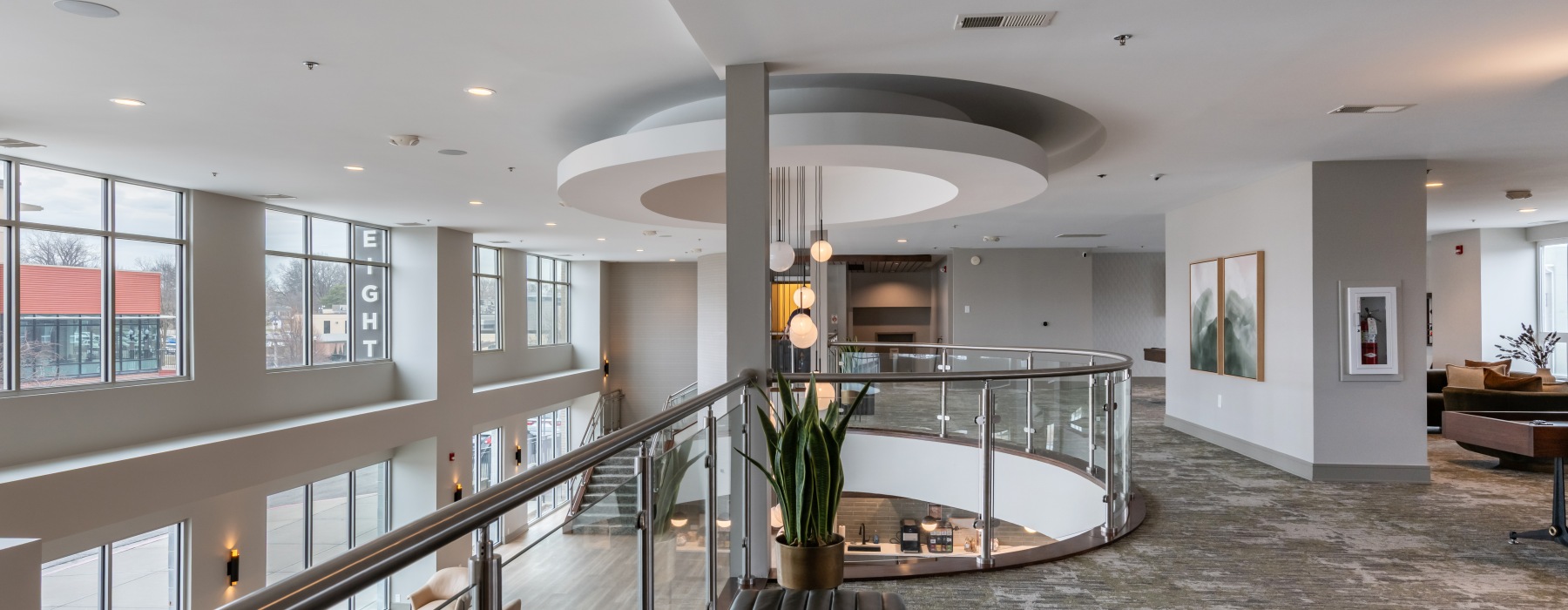 2 story amenity space with tall windows 