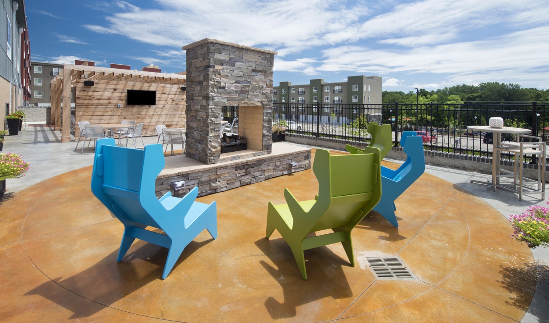 Access to resident-only features a patio with chairs