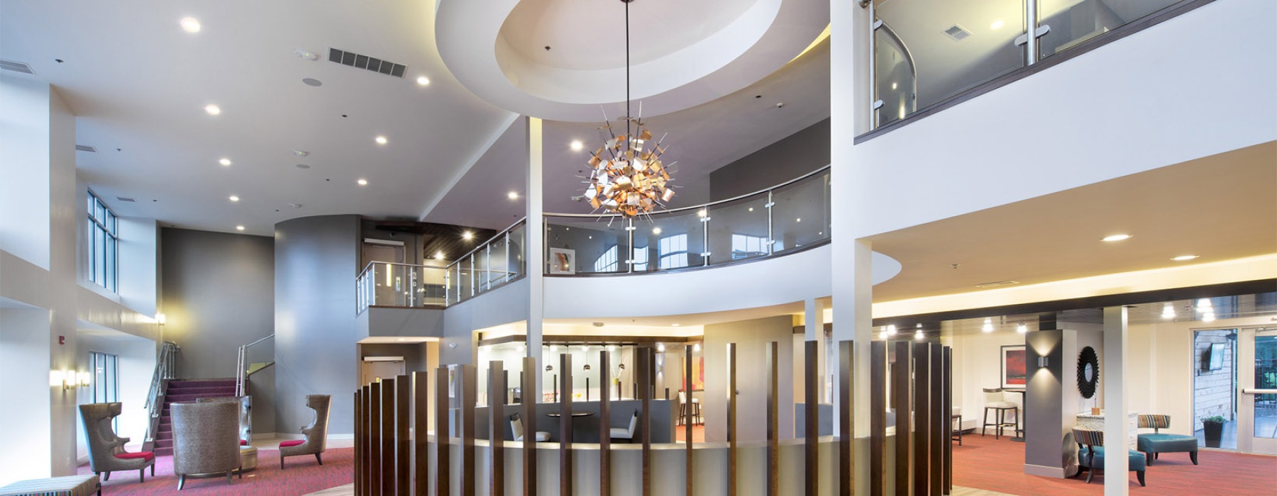 a large room with a chandelier